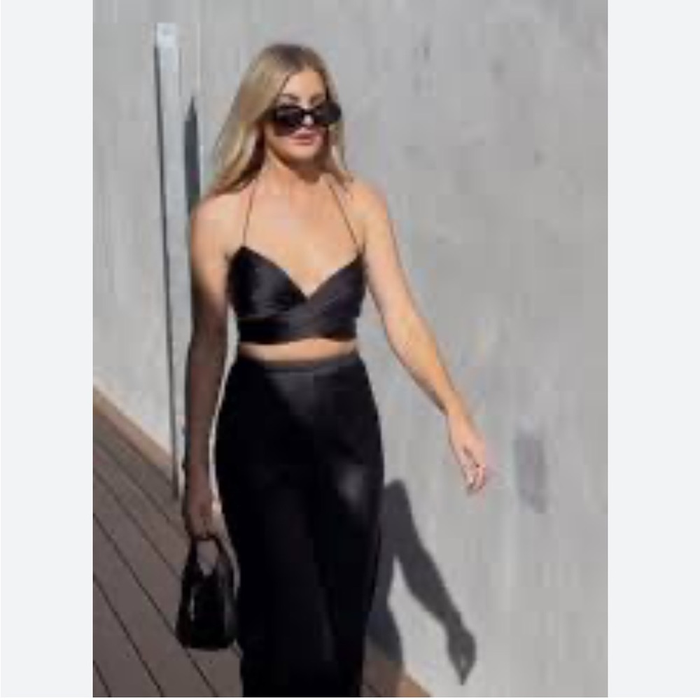 Shona Joy Black Satin Halter Crop Top